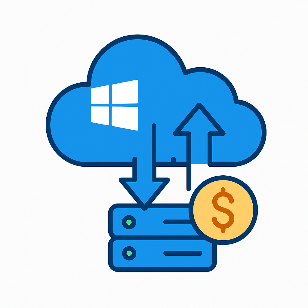 Illustration of Azure cloud migration and cost optimization, showing a blue cloud with up and down arrows, server stacks, and a dollar symbol representing savings.